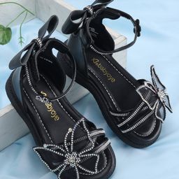 Babyoye Velcro Closure Sandals With Butterfly Bow & Floral Applique - Black-image-54