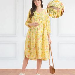 Bella Mama Woven Three Fourth Sleeves Maternity Dress With Floral Print and Pockets - Yellow-image-28