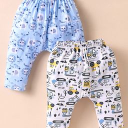 OHMS Single Jersey Knit Full Length Diaper Leggings with Animal & Construction Vehicle Print Pack of 2 - White & Blue-image-83
