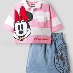 Pine Kids Disney Single Jersey Half Sleeves Drop Shoulder Top & Denim Skirt with Minnie Mouse Graphics & Color Block Design - White & Pink-image-10