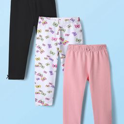 Kookie Kids Cotton Spandex Knit Full Length Solid & Butterfly Printed Leggings Pack of 3 - Pink White & Black-image-72
