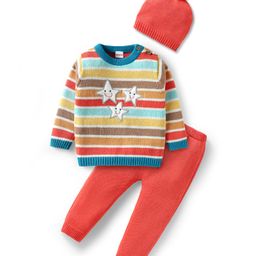 Babyhug Knit Full Sleeves Striped Sweater Set with Cap Star Design - Red-image-58
