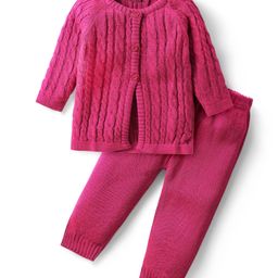 Babyhug Knitted Full Sleeves Front Open Sweater Set With Cable Knit Design - Fuchsia-8