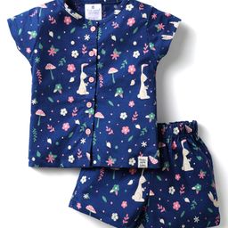 First Smile Sinker Knit Half Sleeves Shorts Co-Ord Night Suit with Floral Print - Navy Blue-image-62