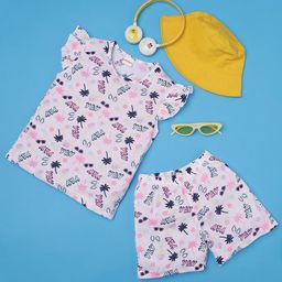 RAINE AND JAINE Cotton Knit Cap Sleeves Yay Text & Palm Trees Printed Coordinating Tee & Shorts Set - White & Pink-image-95