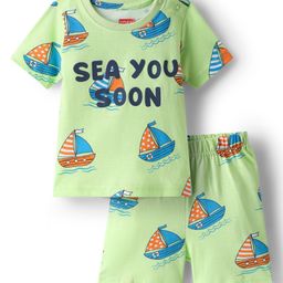 Babyhug Cotton Knit Half Sleeves Shorts Co-Ord Night Suit With Boat Print - Light Green-image-64