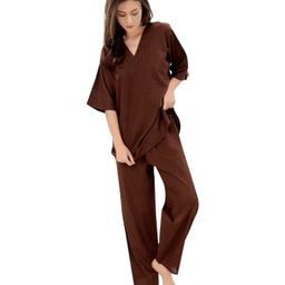 Piu Cotton Woven Three Fourth Sleeves Solid Coordinating Night Suit Set - Brown-image-34