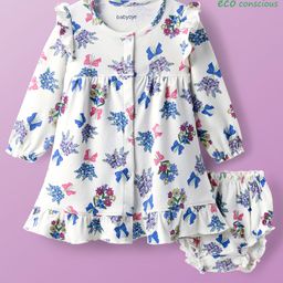 Babyoye 100% Cotton Knit With Eco Jiva Finish Full Sleeves Front Open Frock With Floral Print & Bloomer - White-image-36