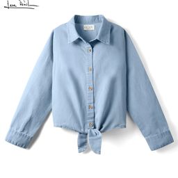 Arias Denim Knit Full Sleeves Front Tie Up Light Wash Top - Light Blue-image-89