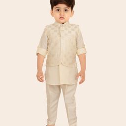 ETHNIKS NEURON Cotton Silk Woven Full Sleeves Solid Kurta Pyjama With Threadwork Embroidered & Sequins Embellished Jacket Set - Cream-image-18