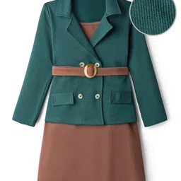 Hola Bonita Knit Solid Color Dress With Full Sleeves Jacket & Belt - Dark Green-picture-4