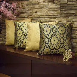 RoyalDeco Gold Toned & Black 4 Pieces Embroidered Brocade Silk Square Cushion Covers-1