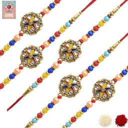MEIRA JEWELLERY Set Of 5 Designer Rakhis With Assorted Greeting Card & Roli Chawal-10