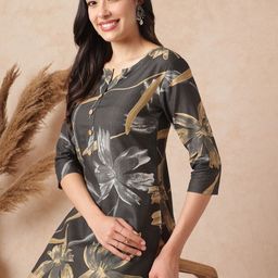 HERE&NOW Women Charcoal Floral Print Three-Quarter Sleeves Cotton Top-picture-10