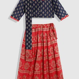 YK Girls Navy Blue & Red Printed Ready to Wear Lehenga & Blouse With Dupatta-picture-2