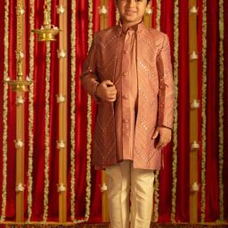 VASTRAMAY Boys Onion Pink & Cream Embroidery Full Sleeves Indowestern Sets-picture-28