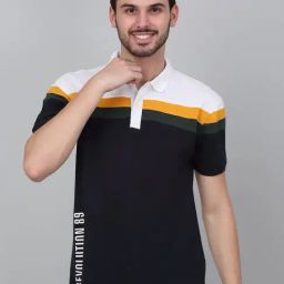 Cantabil Black Regular Fit Colour-Block Polo T-Shirt-image-100