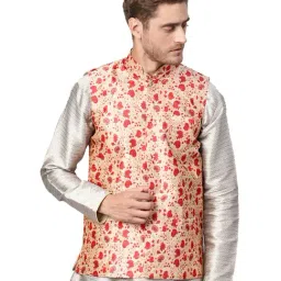 Sojanya Beige & Red Floral Print Nehru Jacket-14