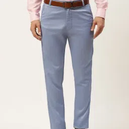 Sojanya Blue Cotton Regular Slim Fit Self Pattern Flat Front Trousers-image-34