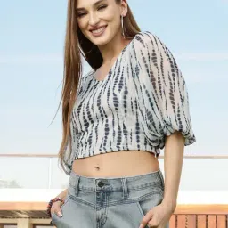 Sera Blue Printed V-Neck Top-image-3