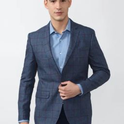 Peter England Blue Linen Slim Fit Checks Blazer-picture-28