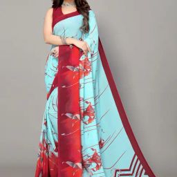 Satrani Blue & Red Floral Print Saree With Unstitched Blouse-image-63