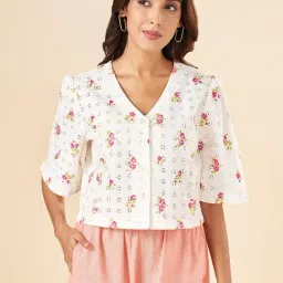 Akkriti by Pantaloons White & Pink Cotton Printed Top-image-49
