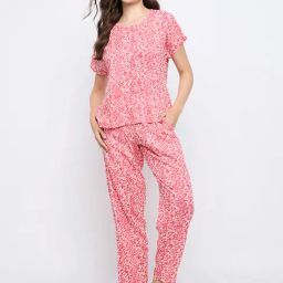 Clovia Pink Regular fit Floral Sleepwear Set-image-62