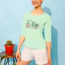 Clovia Green & Grey Printed Top & Shorts Set image 4