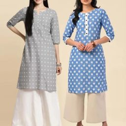 Rangita Grey & Blue Cotton Printed Straight Kurta - Pack Of 2-image-21