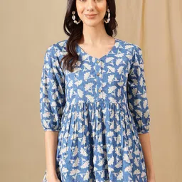 HERE&NOW Women Floral Printed Pleated Cotton Peplum Top-image-34