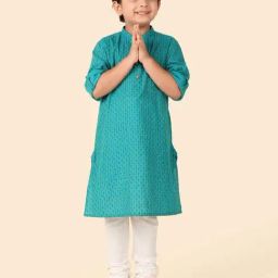 Fabindia Boys Teal Cotton Printed Full Sleeves Kurta-image-83