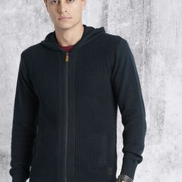 Roadster Men Navy Blue Self-Design Front-Open Sweater-picture-3