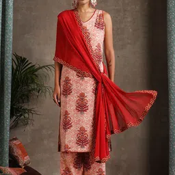 Khushal K Women Ethnic Motifs Printed Regular Pure Cotton Kurta Palazzos & With Dupatta-picture-11