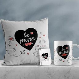 eCraftIndia Multicolor Ceramic Hearts Print Cushion & Mug With Keychain Gift Set-12