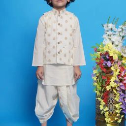 Little Bansi Boys Cream Self Design Full Sleeves Kurta, Dhoti with Nehru Jacket-16