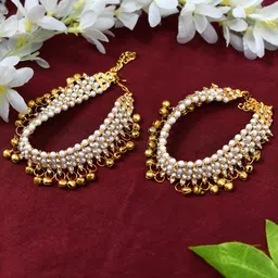 JOHARKAMAL Gold-Plated Artificial Stones Studded & Beaded Anklets-picture-32