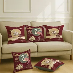 STITCHNEST Maroon & Beige 5 Pieces Ethnic Motifs Satin Square Cushion Covers-image-46