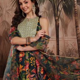 Sangria Women Floral Printed Pleated Sequinned Kurta with Dhoti Pants & Dupatta-picture-25