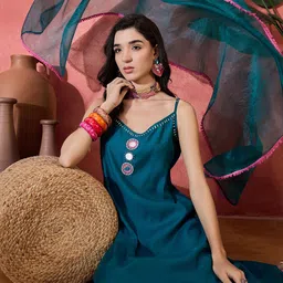 Sangria Women Embroidered Mirror Work Shoulder Straps With Trouser & Dupatta-14