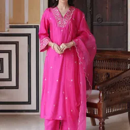 KALINI Embroidered V-Neck Sequinned Chanderi Cotton Kurta With Trousers And Dupatta-picture-30