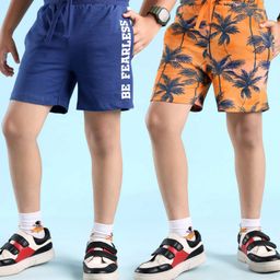 Honeyhap Premium 100% Cotton Shorts with Bio Finish Tropical & Text Print Pack Of 2 - Navy Blue & Peach Nectar-image-51
