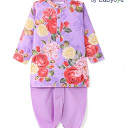 Babyoye Woven Full Sleeves Floral Printed Kurta Dhoti Set - Lilac-image-29