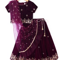 Babyhug Woven Half Sleeves Sequin Embroidered Choli Lehenga Set with Dupatta - Wine-image-93