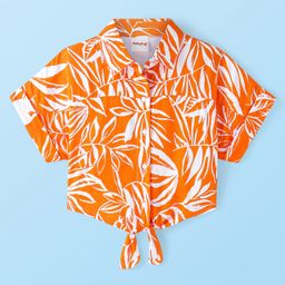 Babyhug Rayon Woven Front Open Half Sleeves Top with Knot Detailing & Abstract Print - Orange-image-59