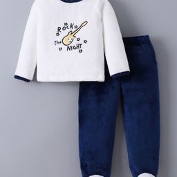 Kookie Kids Full Sleeves Winter Wear T-Shirt & Footed Lounge Pant Set with Guitar Patch - White-image-2