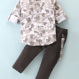 Dapper Dudes Full Sleeves Camouflage Printed Suspender Shirt With Solid Trouser - Brown-picture-43