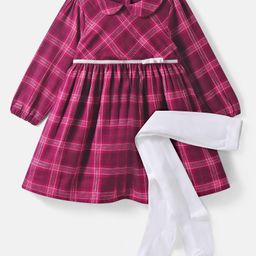 Babyhug Cotton Woven Full Sleeves Checks Frock With Peter Pan Collar & Stockings - Maroon-image-23