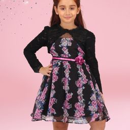Cutecumber Full Sleeves Floral Printed Bolero Style Dress With Belt - Black & Pink-image-89