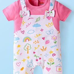 Babyhug Interlock Knit Half Sleeves Printed Romper With Bow Applique - Pink & White-image-74